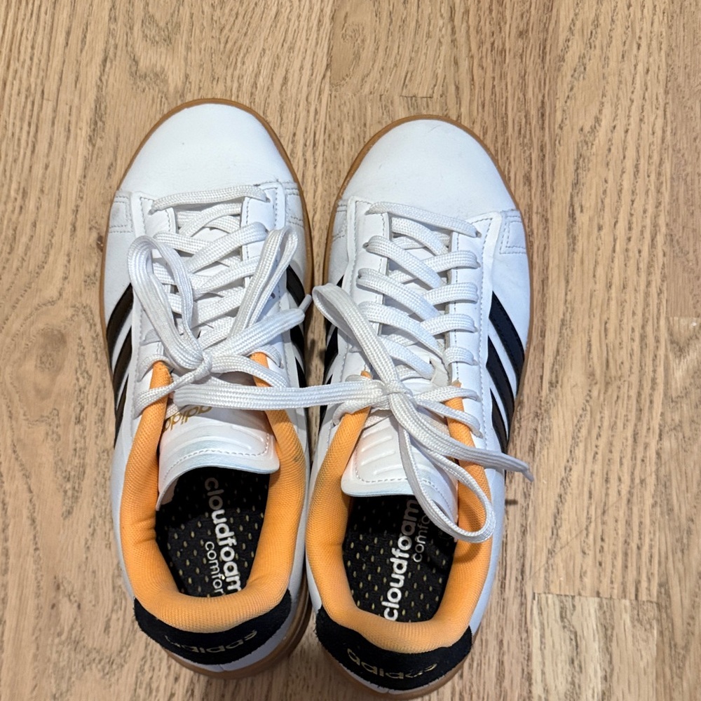 adidas White Sneakers with Black Stripes and Orange Lining